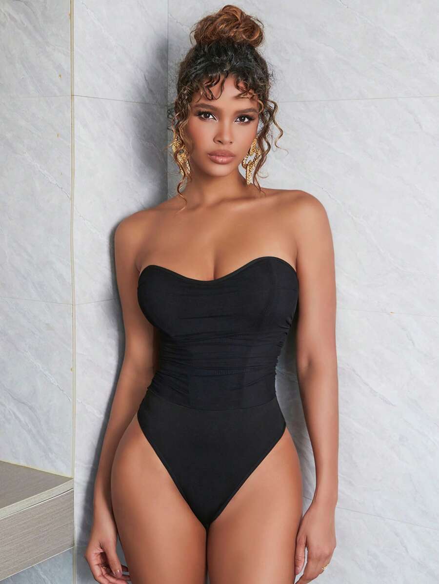 Apperloth A Solid Color Mesh Ruched Tube Corset, Sexy For Music Festival - Black - View 1