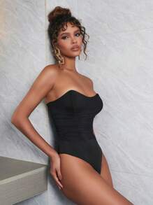 Apperloth A Solid Color Mesh Ruched Tube Corset, Sexy For Music Festival - Black - View 4