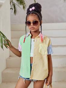 SHEIN cô gái mười hai In sọc Khối màu Thả vai Áo sơ mi Không có áo Top Cami - Màu vàng - Xem 1