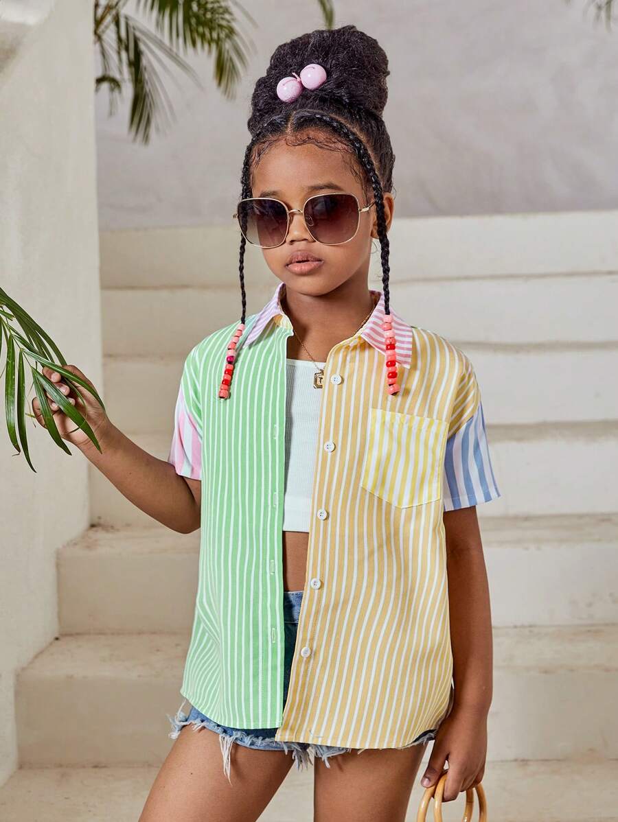 SHEIN cô gái mười hai In sọc Khối màu Thả vai Áo sơ mi Không có áo Top Cami - Màu vàng - Xem 1