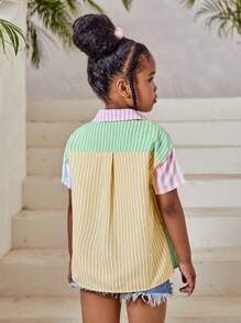 SHEIN cô gái mười hai In sọc Khối màu Thả vai Áo sơ mi Không có áo Top Cami - Màu vàng - Xem 2