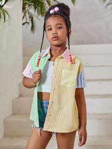 SHEIN cô gái mười hai In sọc Khối màu Thả vai Áo sơ mi Không có áo Top Cami - Màu vàng - Xem 3