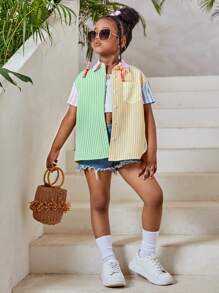 SHEIN cô gái mười hai In sọc Khối màu Thả vai Áo sơ mi Không có áo Top Cami - Màu vàng - Xem 4