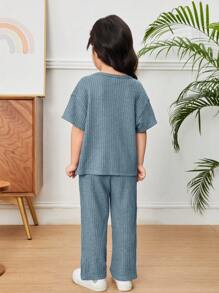 SHEIN 女小童字母貼布落肩T恤和褲子 - 霧霾藍 - 查看 2