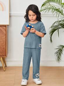 SHEIN 女小童字母貼布落肩T恤和褲子 - 霧霾藍 - 查看 3
