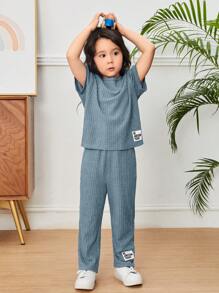 SHEIN 女小童字母貼布落肩T恤和褲子 - 霧霾藍 - 查看 4