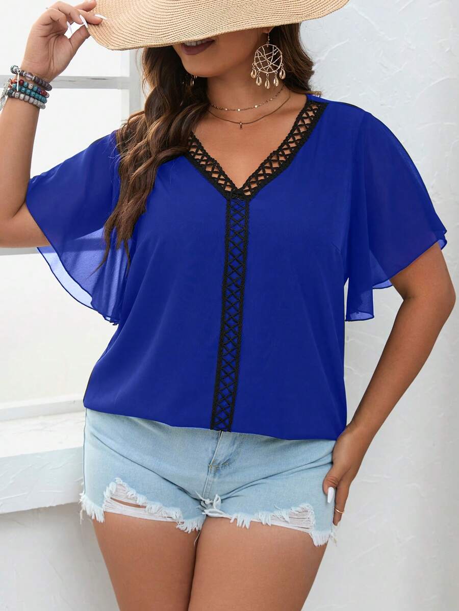 SHEIN Clasi Plus Contrast Lace Butterfly Sleeve Blouse - Navy Blue - View 1