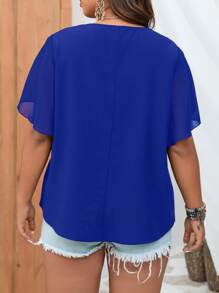 SHEIN Clasi Plus Contrast Lace Butterfly Sleeve Blouse - Navy Blue - View 2