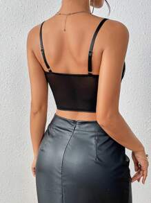 Allurite Floral Embroidery Mesh Insert Bustier Cami Top - Black - View 2
