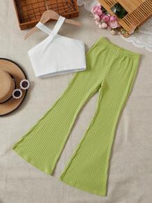 SHEIN 女孩十字交叉掛脖上衣和喇叭褲 - 青檸色 - 查看 5