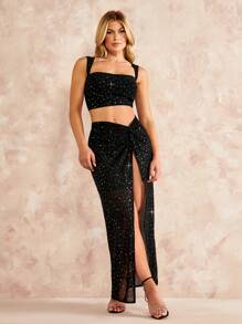 SHEIN BAE Pha lê Cắt chóp Cami & Mặt trước xoắn Tách đùi Váy - màu đen - Xem 2