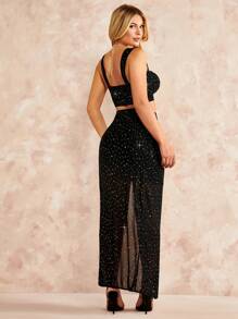 SHEIN BAE Pha lê Cắt chóp Cami & Mặt trước xoắn Tách đùi Váy - màu đen - Xem 3