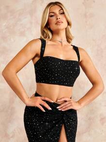 SHEIN BAE Pha lê Cắt chóp Cami & Mặt trước xoắn Tách đùi Váy - màu đen - Xem 5