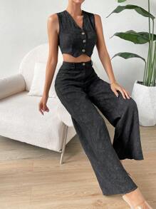 SHEIN Privé Knopf vorne, Crop Weste Blazer mit & Hose mit weiten Beinen, - Schwarz - Übersicht 5