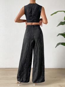 SHEIN Privé Knopf vorne, Crop Weste Blazer mit & Hose mit weiten Beinen, - Schwarz - Übersicht 2