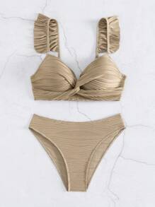 SHEIN Swim Summer Beach Ruffle Trim Push Up Bikini Set - Khaki - View 6