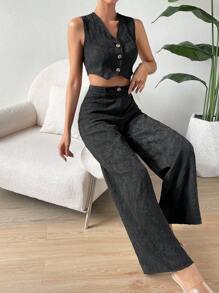 SHEIN Privé Knopf vorne, Crop Weste Blazer mit & Hose mit weiten Beinen, - Schwarz - Übersicht 1