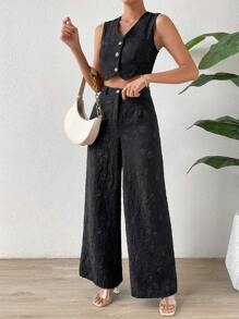 SHEIN Privé Knopf vorne, Crop Weste Blazer mit & Hose mit weiten Beinen, - Schwarz - Übersicht 4