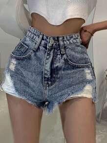 Quần short denim nữ Túi Hem thô Bị tách màu trơn - Rửa trung bình - Xem 1