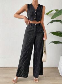 SHEIN Privé Knopf vorne, Crop Weste Blazer mit & Hose mit weiten Beinen, - Schwarz - Übersicht 3