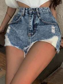 Quần short denim nữ Túi Hem thô Bị tách màu trơn - Rửa trung bình - Xem 3