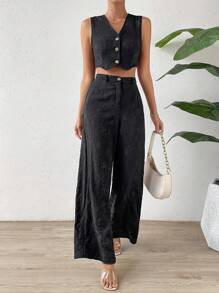 SHEIN Privé Knopf vorne, Crop Weste Blazer mit & Hose mit weiten Beinen, - Schwarz - Übersicht 6