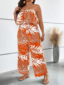 Breezaya 大碼熱帶圖案荷葉邊抹胸連體褲 - 橘色 - 查看 5