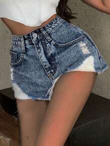 Quần short denim nữ Túi Hem thô Bị tách màu trơn - Rửa trung bình - Xem 4