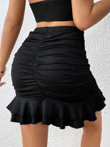 Chiquease Ruched Ruffle Hem Bodycon Skirt - Black - View 2