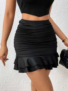 Chiquease Ruched Ruffle Hem Bodycon Skirt - Black - View 5