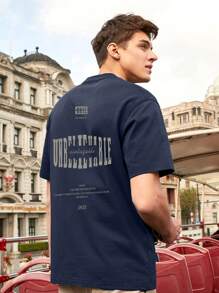 男士標語圖案T恤 - 藏蓝色 - 查看 1