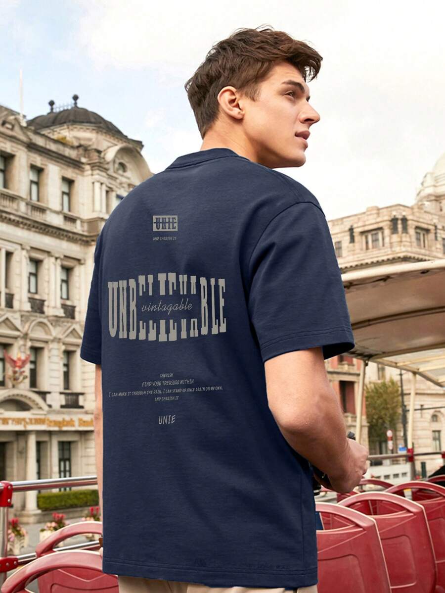 男士標語圖案T恤 - 藏蓝色 - 查看 1