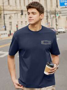 男士標語圖案T恤 - 藏蓝色 - 查看 4