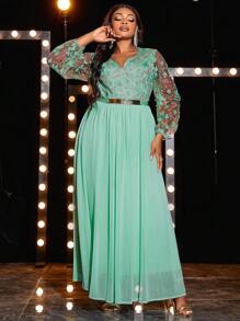 Plus Floral Embroidery Mesh Overlay Bridesmaid Dress - Green - View 1