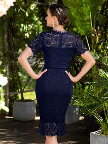 MIUSOL Váy bodycon Nàng tiên cá Hem Ren hoa Buổi tiệc - Màu xanh hải quân - Xem 2