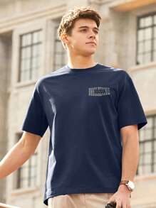 男士標語圖案T恤 - 藏蓝色 - 查看 5