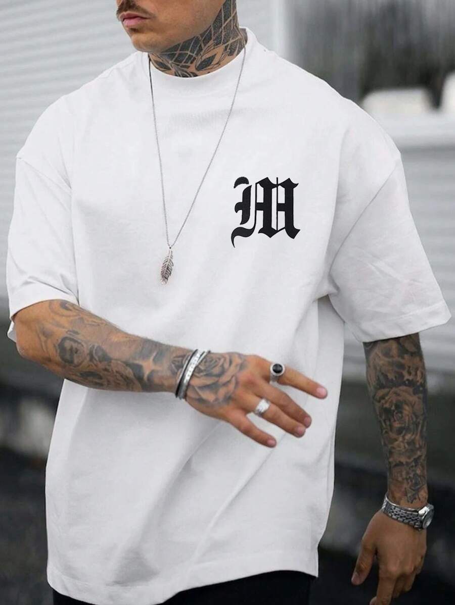 Manfinity Homme 男士T恤合身船領落肩短袖圖形T恤休閒時尚男裝針織上衣 - 白色 - 查看 1