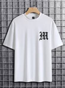 Manfinity Homme 男士T恤合身船領落肩短袖圖形T恤休閒時尚男裝針織上衣 - 白色 - 查看 3