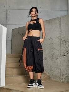 撞色翻蓋口袋腰部抽繩工裝降落傘七分褲 - 黑色 - 查看 3