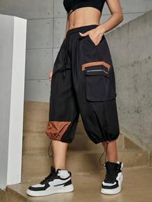 撞色翻蓋口袋腰部抽繩工裝降落傘七分褲 - 黑色 - 查看 5