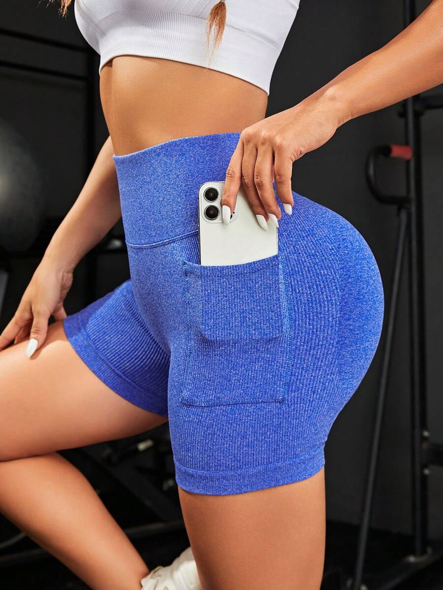 無縫高彈力緊縮褶皺臀部寬腰帶運動短褲