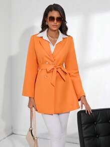 SHEIN BIZwear 素色雙排釦腰帶西裝連衣裙 - 橘色 - 查看 4