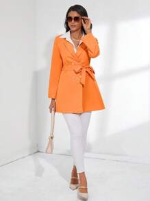 SHEIN BIZwear 素色雙排釦腰帶西裝連衣裙 - 橘色 - 查看 5