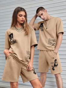 SWAVVY 1件寬鬆字樣圖案t恤和1件彈性腰帶短褲 - 駝色 - 查看 1