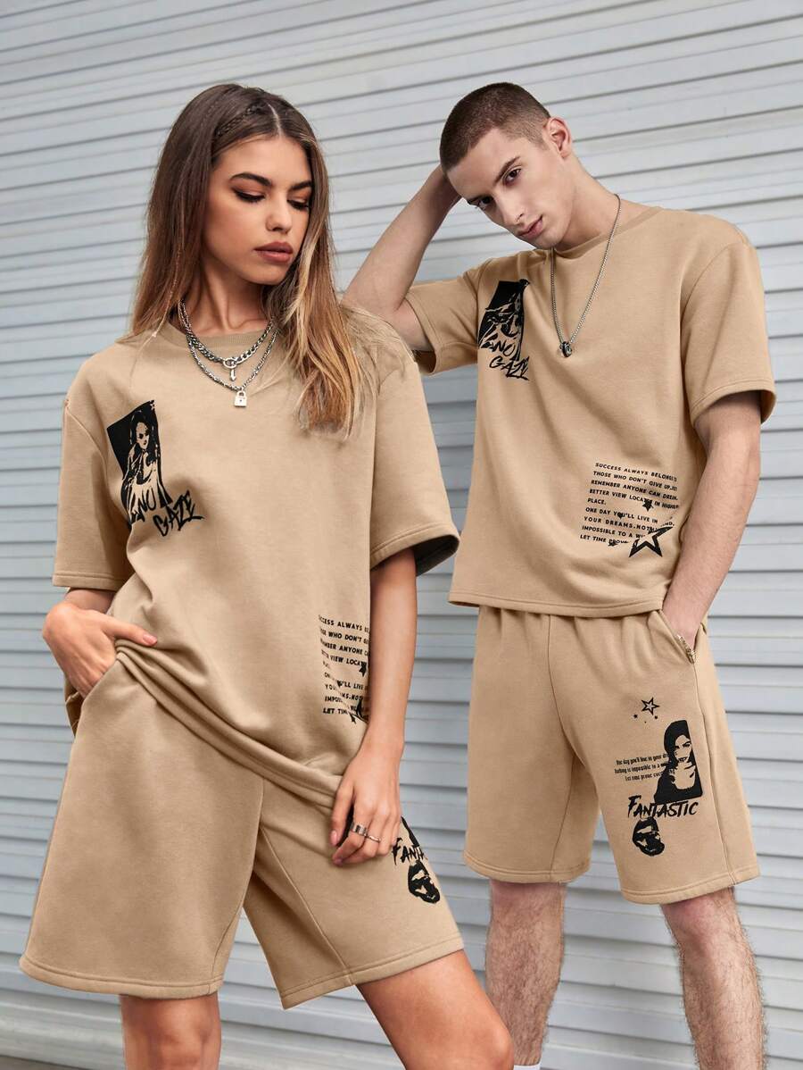 SWAVVY 1件寬鬆字樣圖案t恤和1件彈性腰帶短褲 - 駝色 - 查看 1