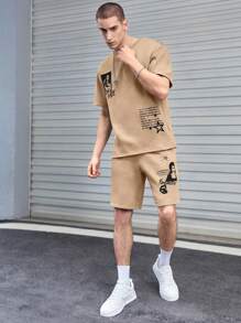 SWAVVY 1件寬鬆字樣圖案t恤和1件彈性腰帶短褲 - 駝色 - 查看 4