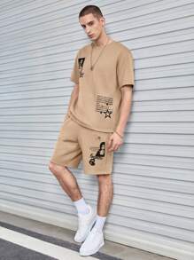 SWAVVY 1件寬鬆字樣圖案t恤和1件彈性腰帶短褲 - 駝色 - 查看 7