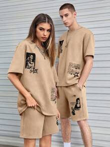 SWAVVY 1件寬鬆字樣圖案t恤和1件彈性腰帶短褲 - 駝色 - 查看 8