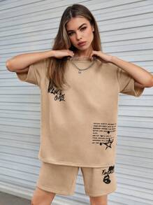 SWAVVY 1件寬鬆字樣圖案t恤和1件彈性腰帶短褲 - 駝色 - 查看 10