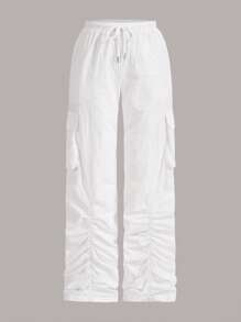 SHEIN ICON Flap Pocket Side Drawstring Waist Parachute Pants - White - View 1